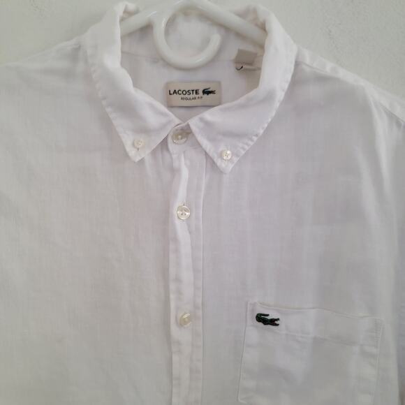 Lacoste Linen Short Sleeve Casual Button Down Cream White Sz Large Logo Beachy - Picture 3 of 16